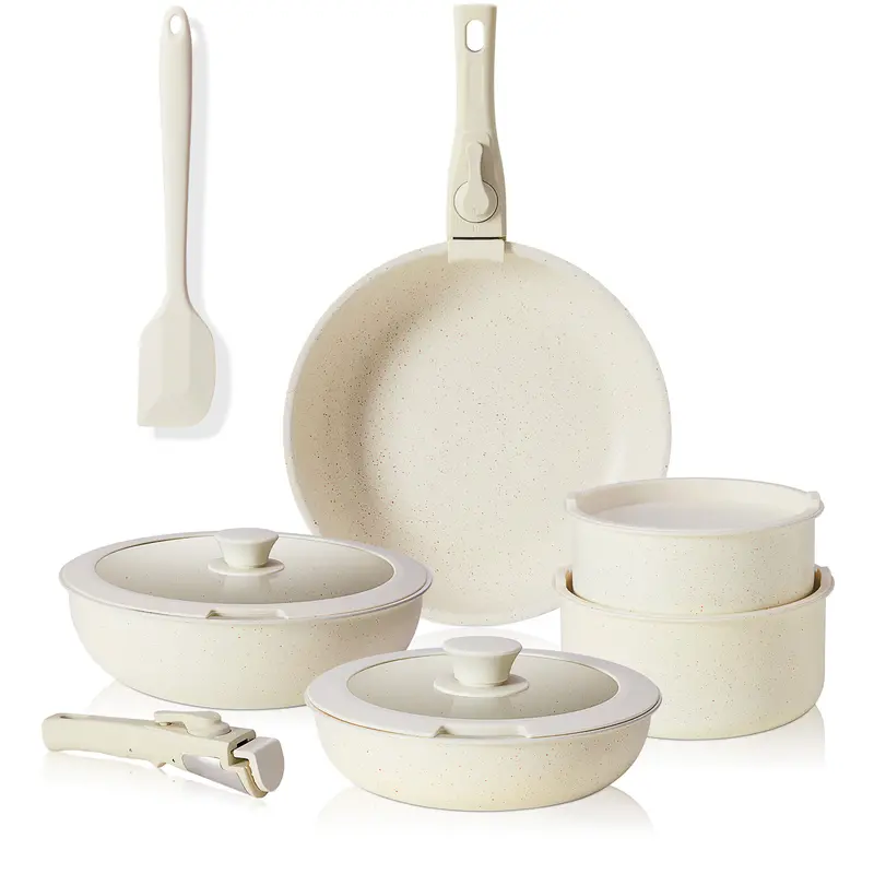 12-Piece Nonstick Pots and Pans Set - Kitchen Cookware with Removable Handles - Ideal for Home Cooking, Cream White