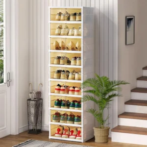 9 tier Ultimate Foldable Shoe Organizer – Fits 18 Pairs Space-Saving Stackable Cabinet Rack Clear Door Plastics Stackable